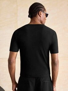 ESTAVOR Camiseta de manga corta con media tapeta de botones y textura acanalada versátil de moda para hombres - Negro - Ver 5