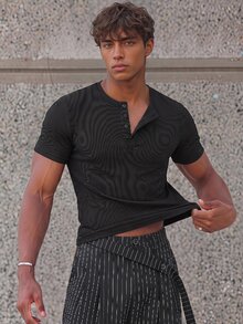 ESTAVOR Camiseta de manga corta con media tapeta de botones y textura acanalada versátil de moda para hombres - Negro - Ver 1