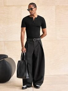 ESTAVOR Camiseta de manga corta con media tapeta de botones y textura acanalada versátil de moda para hombres - Negro - Ver 3