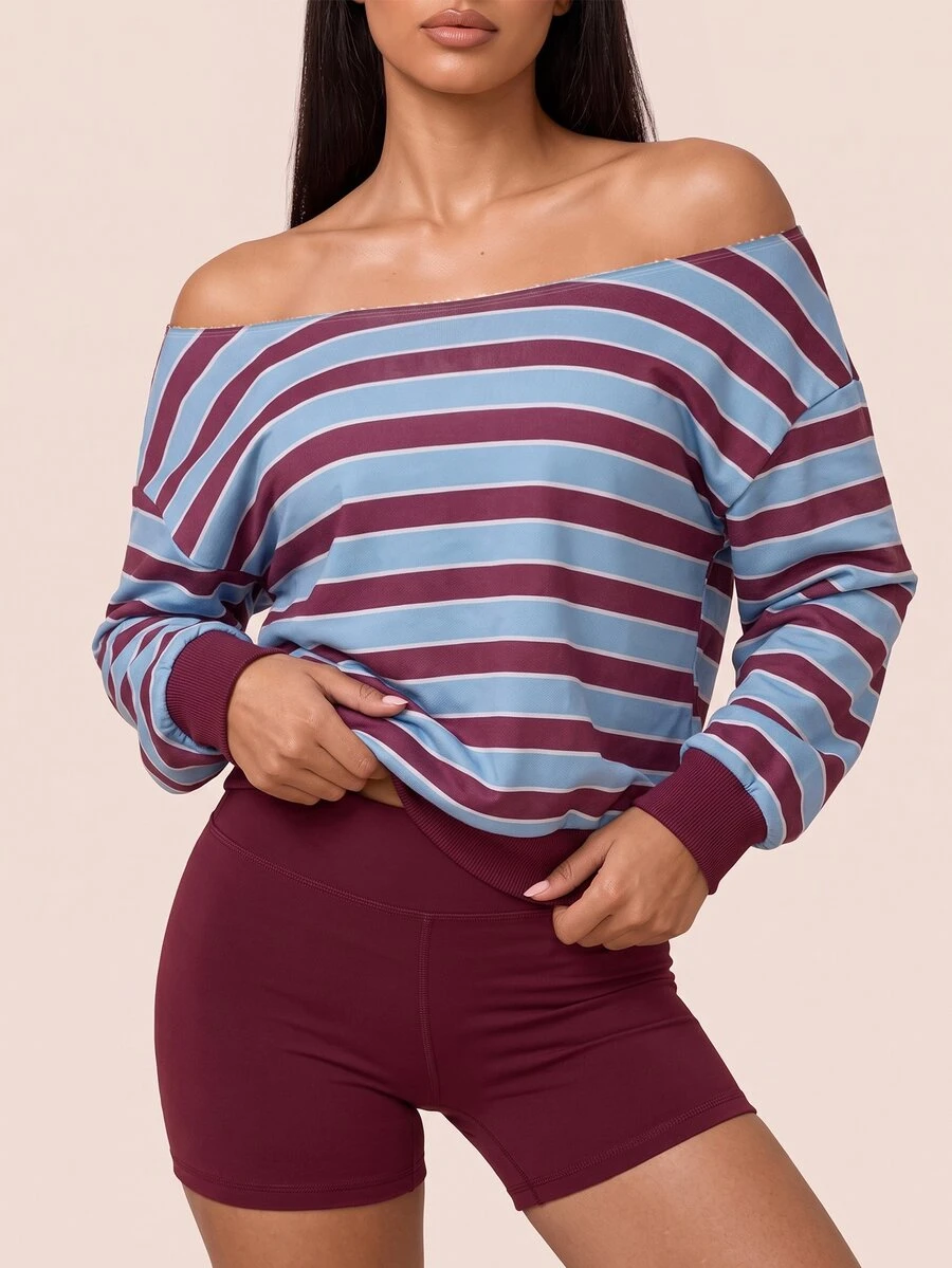 SHEIN BAE Women's Cold Shoulder Striped Long Sleeve Sports Sweatshirt - Multicolor - View 1