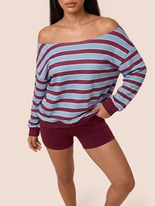 SHEIN BAE Women's Cold Shoulder Striped Long Sleeve Sports Sweatshirt - Multicolor - View 4
