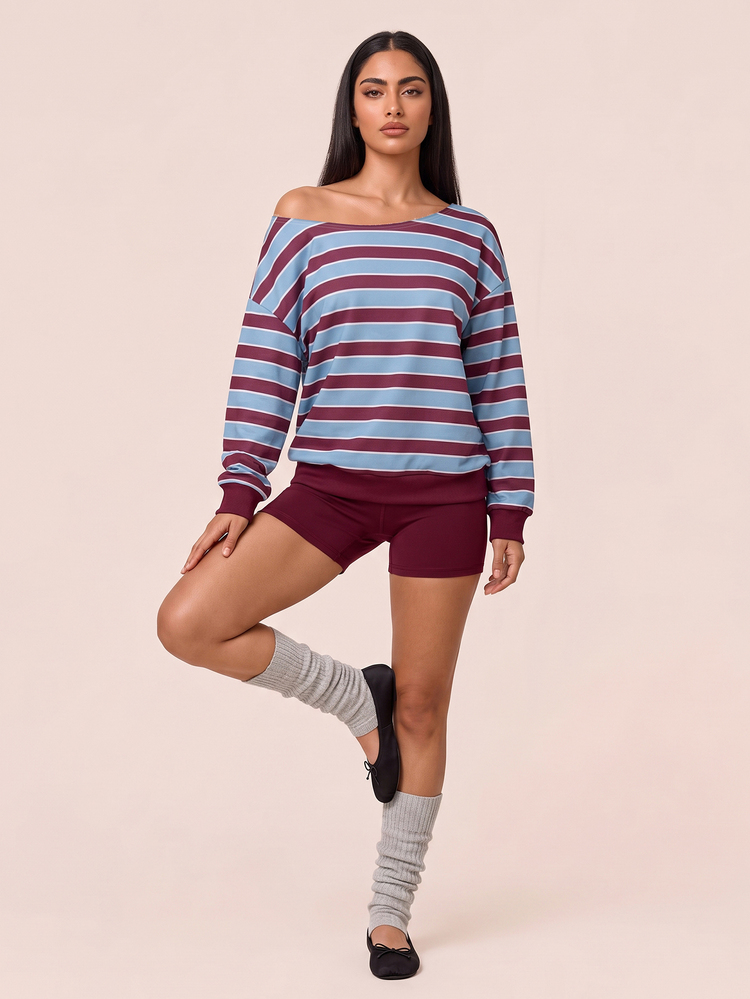 SHEIN BAE 女款露肩條紋長袖運動運動衫 - 彩色 - 查看 3