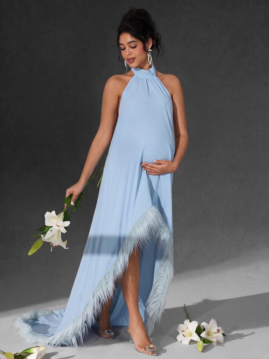 Cheriluna Maternity Sleeveless Halter Neck Maternity Maxi Dress, Short Front Long Back With Furry Hem And Train - Baby Blue - View 1