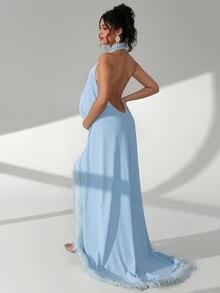 Cheriluna Maternity Sleeveless Halter Neck Maternity Maxi Dress, Short Front Long Back With Furry Hem And Train - Baby Blue - View 3
