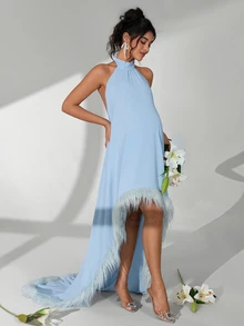Cheriluna Maternity Sleeveless Halter Neck Maternity Maxi Dress, Short Front Long Back With Furry Hem And Train - Baby Blue - View 2