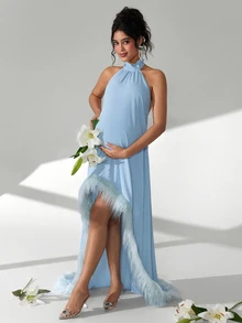 Cheriluna Maternity Sleeveless Halter Neck Maternity Maxi Dress, Short Front Long Back With Furry Hem And Train - Baby Blue - View 4