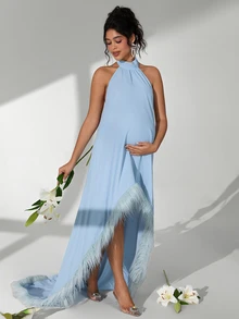 Cheriluna Maternity Sleeveless Halter Neck Maternity Maxi Dress, Short Front Long Back With Furry Hem And Train - Baby Blue - View 5