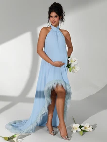 Cheriluna Maternity Sleeveless Halter Neck Maternity Maxi Dress, Short Front Long Back With Furry Hem And Train - Baby Blue - View 6