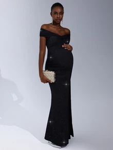 Cheriluna Maternity 孕妇露肩露背系带开衩优雅奢华连衣裙，适合拍照 - 黑色 - 查看 4