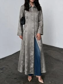 Yasveil Women's Grey Woven Jacquard Lapel Button Closure Long Sleeve Romantic Elegant Abaya - Grey - View 4