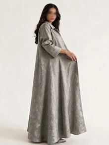 Yasveil Women's Grey Woven Jacquard Lapel Button Closure Long Sleeve Romantic Elegant Abaya - Grey - View 11