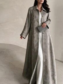 Yasveil Women's Grey Woven Jacquard Lapel Button Closure Long Sleeve Romantic Elegant Abaya - Grey - View 10