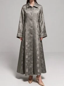 Yasveil Women's Grey Woven Jacquard Lapel Button Closure Long Sleeve Romantic Elegant Abaya - Grey - View 5