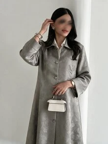Yasveil Women's Grey Woven Jacquard Lapel Button Closure Long Sleeve Romantic Elegant Abaya - Grey - View 12