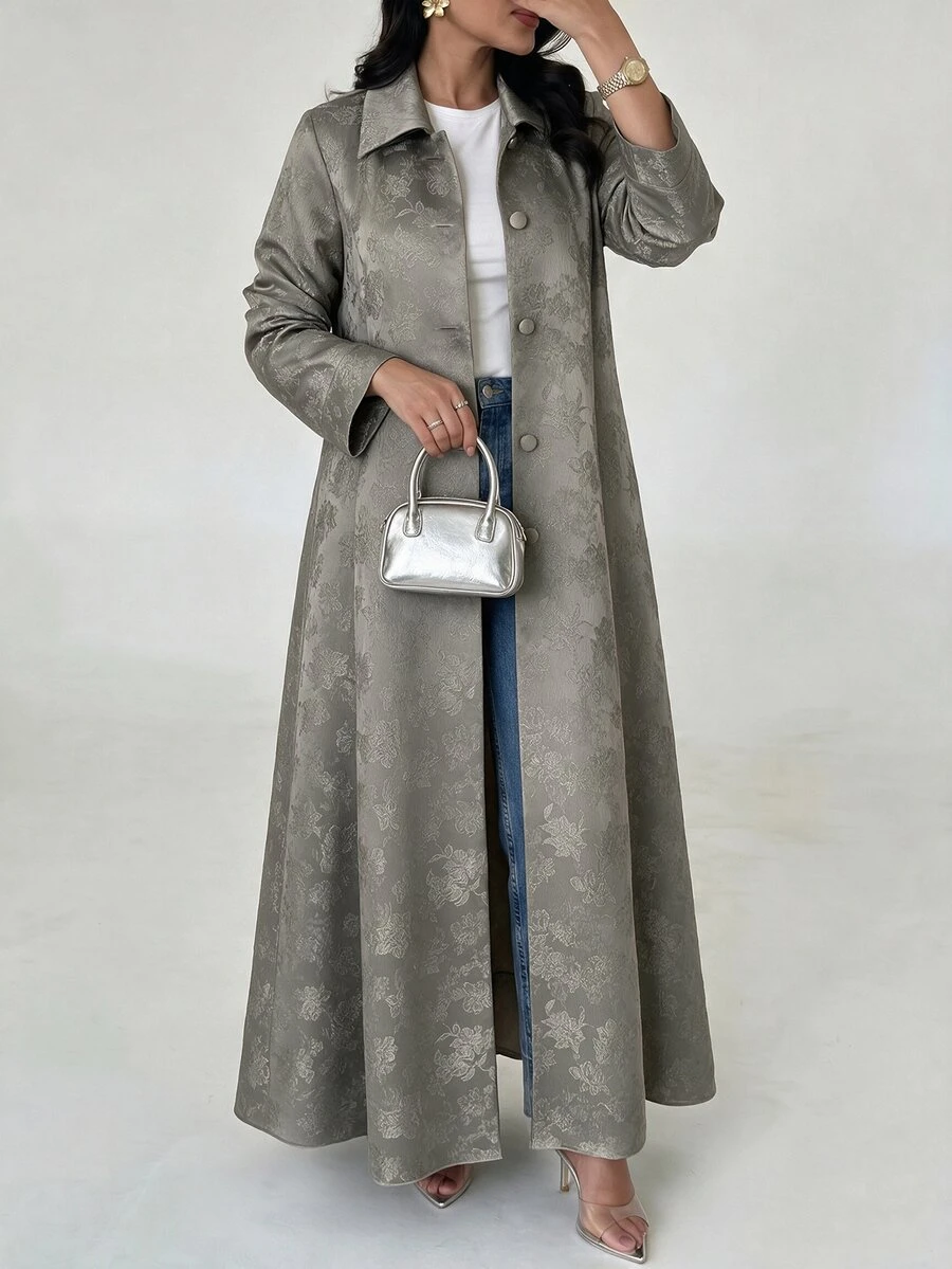 Yasveil Women's Grey Woven Jacquard Lapel Button Closure Long Sleeve Romantic Elegant Abaya - Grey - View 1