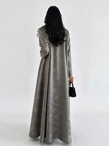 Yasveil Women's Grey Woven Jacquard Lapel Button Closure Long Sleeve Romantic Elegant Abaya - Grey - View 2