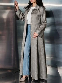 Yasveil Women's Grey Woven Jacquard Lapel Button Closure Long Sleeve Romantic Elegant Abaya - Grey - View 3