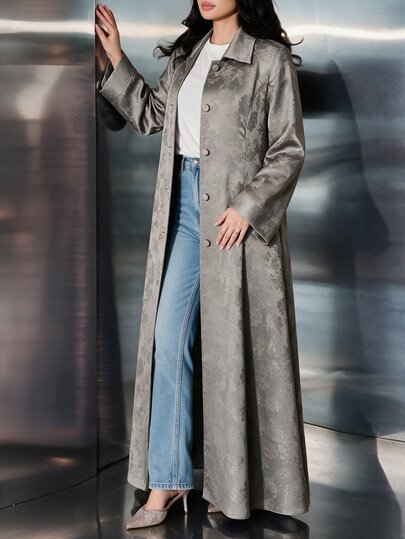 Yasveil Women's Grey Woven Jacquard Lapel Button Closure Long Sleeve Romantic Elegant Abaya