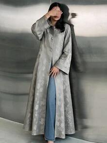 Yasveil Women's Grey Woven Jacquard Lapel Button Closure Long Sleeve Romantic Elegant Abaya - Grey - View 7