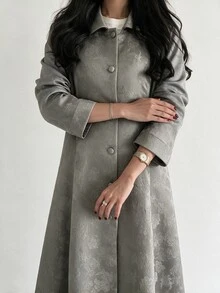 Yasveil Women's Grey Woven Jacquard Lapel Button Closure Long Sleeve Romantic Elegant Abaya - Grey - View 9