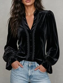 LUMIGAL Blus Wanita Leher V Lengan Panjang dengan Hiasan Renda dan Patchwork, Lengan Lentera, dan Ruffle, Gaya Gotik, Warna Hitam, Atasan Elegan untuk Pesta Musim Semi dan Gugur - Hitam - View 1