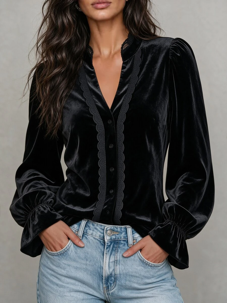 LUMIGAL Blus Wanita Leher V Lengan Panjang dengan Hiasan Renda dan Patchwork, Lengan Lentera, dan Ruffle, Gaya Gotik, Warna Hitam, Atasan Elegan untuk Pesta Musim Semi dan Gugur - Hitam - View 1