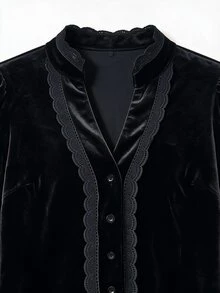 LUMIGAL Blus Wanita Leher V Lengan Panjang dengan Hiasan Renda dan Patchwork, Lengan Lentera, dan Ruffle, Gaya Gotik, Warna Hitam, Atasan Elegan untuk Pesta Musim Semi dan Gugur - Hitam - View 5