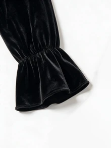 LUMIGAL Blus Wanita Leher V Lengan Panjang dengan Hiasan Renda dan Patchwork, Lengan Lentera, dan Ruffle, Gaya Gotik, Warna Hitam, Atasan Elegan untuk Pesta Musim Semi dan Gugur - Hitam - View 3