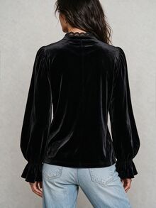 LUMIGAL Blus Wanita Leher V Lengan Panjang dengan Hiasan Renda dan Patchwork, Lengan Lentera, dan Ruffle, Gaya Gotik, Warna Hitam, Atasan Elegan untuk Pesta Musim Semi dan Gugur - Hitam - View 4