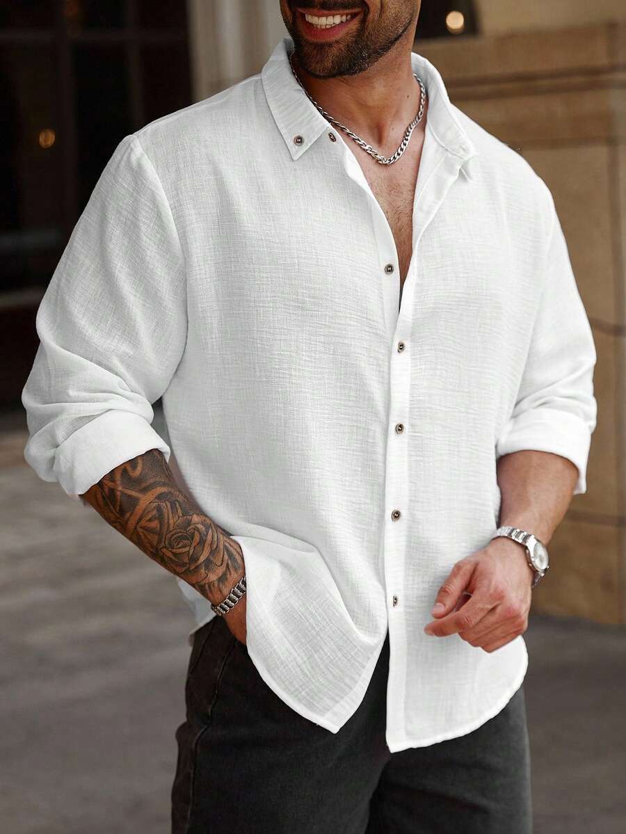 Manfinity Homme Plus Size Men Plain Long Sleeve Single-Breasted Casual Dress Shirt, Fall, Formal - White - View 1