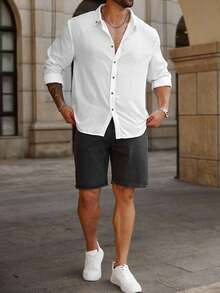 Manfinity Homme Plus Size Men Plain Long Sleeve Single-Breasted Casual Dress Shirt, Fall, Formal - White - View 6