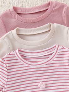 SHEIN 女童小女孩針織純色條紋3D花卉圓領長袖3件套 - 彩色 - 查看 6