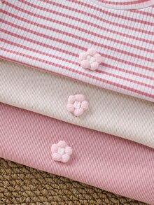 SHEIN 女童小女孩針織純色條紋3D花卉圓領長袖3件套 - 彩色 - 查看 3