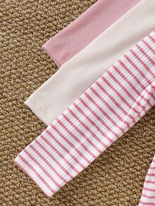 SHEIN 女童小女孩針織純色條紋3D花卉圓領長袖3件套 - 彩色 - 查看 4