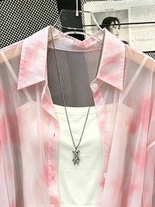Resyla Kemeja Wanita Tie-Dye Lengan Panjang Bahu Jatuh Kancing Tunggal Longgar - MultiWarna - View 4