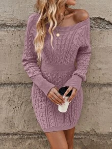 SHEIN LUNE Cable Knit Raglan Sleeve Sweater Dress Fall Winter Cloth For Women - Dusty Purple - View 6