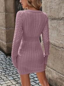 SHEIN LUNE Cable Knit Raglan Sleeve Sweater Dress Fall Winter Cloth For Women - Dusty Purple - View 2