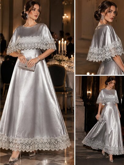 Cravure Elegant Fashion Party Lace Patchwork Satin Material Plus Size Women's Dress