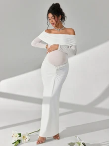 Cheriluna Maternity Elegant Maternity Dress With Long Sleeves, Atmospheric Maternity Gown For Photoshoot - Apricot - View 4