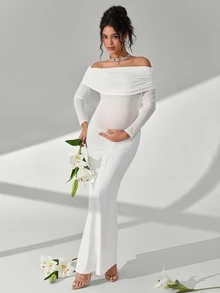 Cheriluna Maternity Elegant Maternity Dress With Long Sleeves, Atmospheric Maternity Gown For Photoshoot - Apricot - View 2