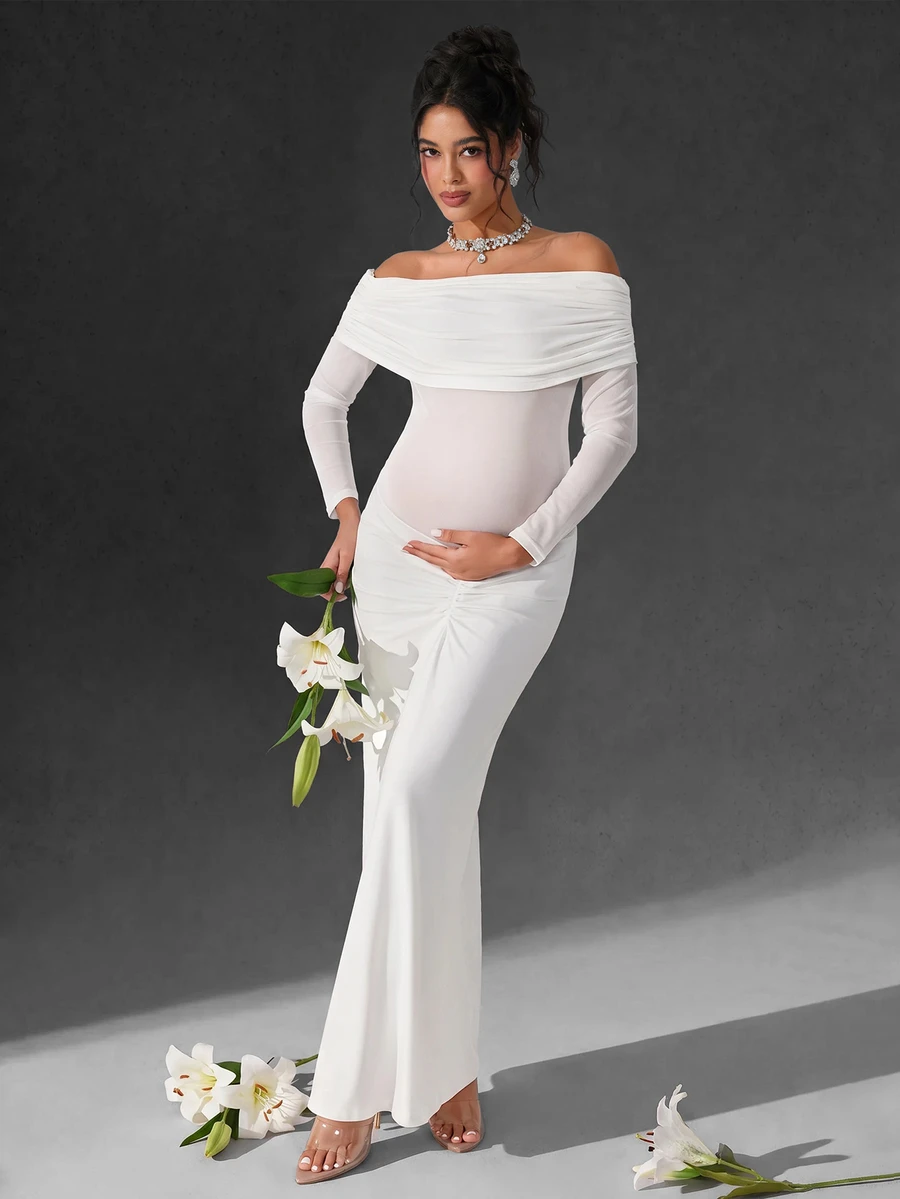 Cheriluna Maternity Elegant Maternity Dress With Long Sleeves, Atmospheric Maternity Gown For Photoshoot - Apricot - View 1