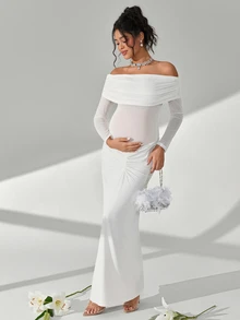 Cheriluna Maternity Elegant Maternity Dress With Long Sleeves, Atmospheric Maternity Gown For Photoshoot - Apricot - View 6