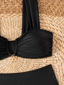 SHEIN Swim Springbreak Women's New Summer Random Ditsy Floral V-Neck Spaghetti Strap Sweet Floral Pattern Bikini Set - Black - View 3