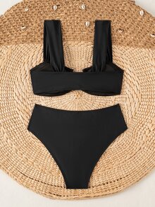 SHEIN Swim Springbreak Women's New Summer Random Ditsy Floral V-Neck Spaghetti Strap Sweet Floral Pattern Bikini Set - Black - View 2