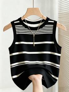 Franclia Plus Size Women's Summer Casual Vacation & Commute Colorblock Striped Print Fitted Comfortable Tank Top - Black - View 6