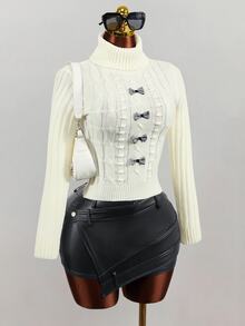 Mistrie Women's Knit Short Sleeve Turtleneck Twisted Rope Regular Fit Bow Slim Fit Casual Commute Sexy Party Evening Gathering Outfit - Apricot - View 5