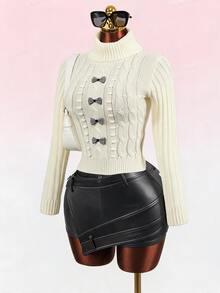 Mistrie Women's Knit Short Sleeve Turtleneck Twisted Rope Regular Fit Bow Slim Fit Casual Commute Sexy Party Evening Gathering Outfit - Apricot - View 2