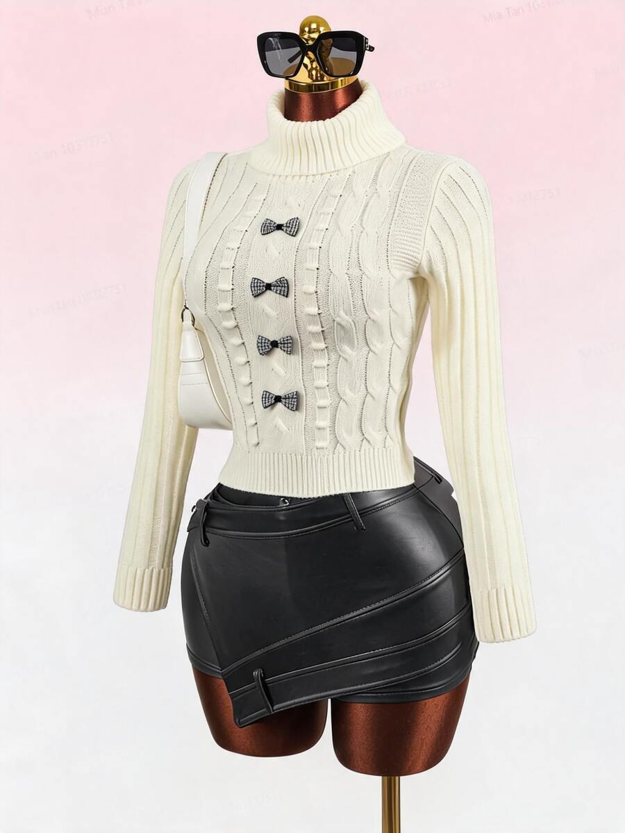 Mistrie Women's Knit Short Sleeve Turtleneck Twisted Rope Regular Fit Bow Slim Fit Casual Commute Sexy Party Evening Gathering Outfit