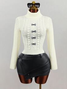 Mistrie Women's Knit Short Sleeve Turtleneck Twisted Rope Regular Fit Bow Slim Fit Casual Commute Sexy Party Evening Gathering Outfit - Apricot - View 6