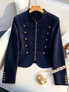 SHEIN Women's Summer Elegant Commute Casual Thin Napoleon Long Sleeve Jacket - Navy Blue - View 3